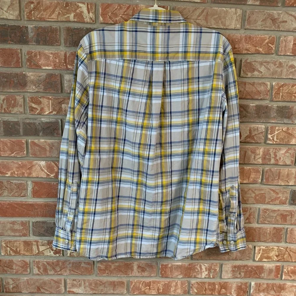 The North Face Men's Yellow Blue Plaid Long Sleeve Medium Button Down Shirt EUC